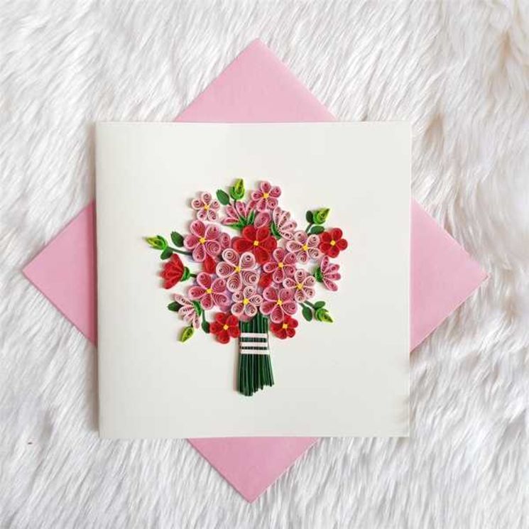 Carte bouquet de fleurs rose en Quilling avec enveloppe