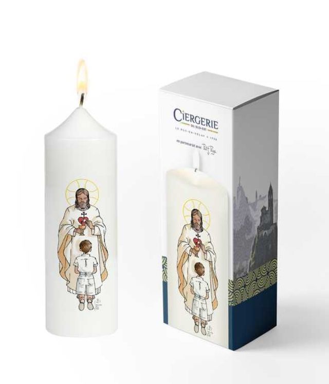 Cierge Première Communion blanc - Seigneur Jésus garçon brun