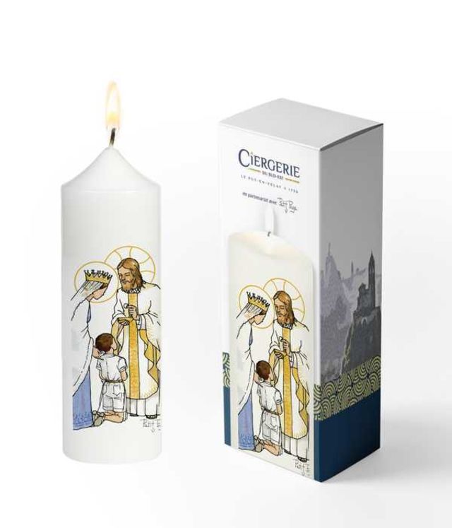 Cierge Première Communion blanc - Jésus et Marie garçon brun