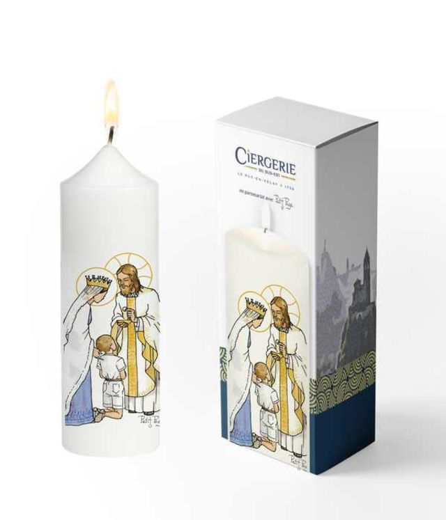 Cierge Première Communion blanc - Jésus et Marie garçon blond