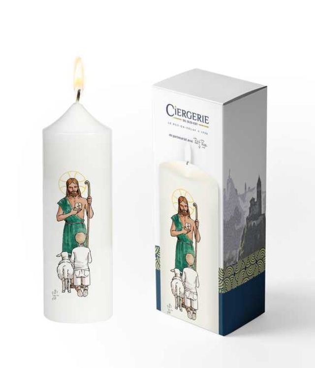 Cierge Première Communion blanc - Bon pasteur garçon blond