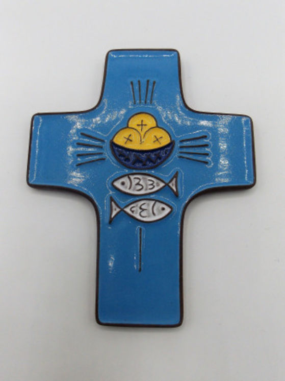 Croix céramique - Catho 2 poissons - bleu claire - 9,5 x 11,5 cm