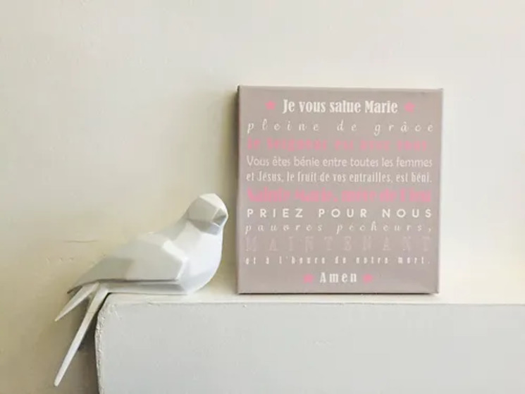 Toile prière Gris/rose "Je vous salue Marie" - Format 20 x 20