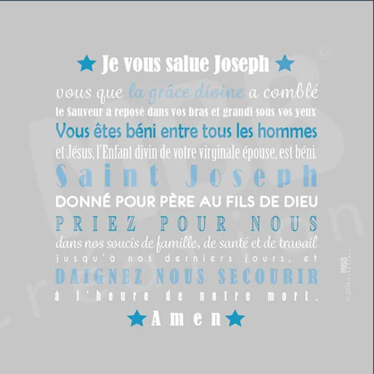 Toile prière Gris/Bleu turquoise "Je vous salue Joseph" - Format 20 x 20